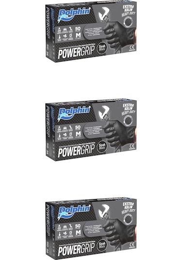 Dolphin Nitril Powergrip Ekstra Kalın Elmas Dokulu Eldiven Siyah Meidum Orta Boy - 50'li 3 Paket