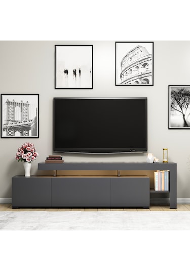 Beliz Modern LED Işıklı 3 Kapaklı, Raflı TV Sehpası – 192 cm, Antrasit