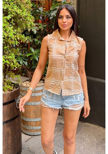 Kadın Bej Ekose Desen, Dokulu Bodrum Kumaş, Kolsuz Rahat Gömlek Bej