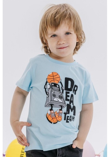 Erkek Çocuk Pamuklu Rahat Kesim Robot Baskılı Tshirt-12821-mavi Mavi