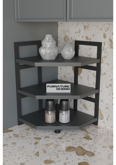 Akın Köşe Baharatlık 3 Raflı Mutfak Tezgah Üstü Köşe Raf - Antrasit Antrasit