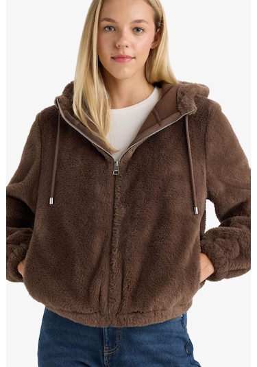 Defacto Regular Fit Polar Astarlı Kapüşonlu Fermuarlı Suni Kürk F2148ax25wnbn500 Kahve