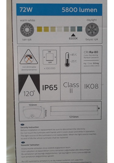 Ecolite Lınesta Led Bant Armatür 72W Etanj Ip65 120Cm Beyaz