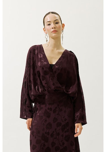 Jakarlı Saten Kimono Bordo Bordo