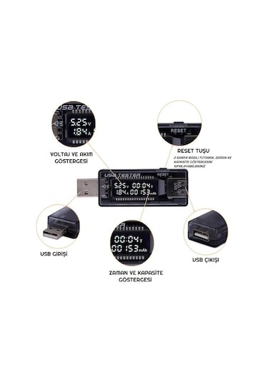 Led Ekranlı Usb Voltmetre Ampermetre Usb Şarj Kapasitesi Test Cih