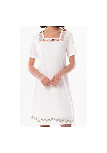 Kısa Kol Şile Bezi Kare Yaka Narin Kısa Yazlık Elbise Krem Krm-krem