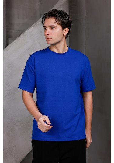 Erkek Basic Oversize Bisiklet Yaka 2 İki İplik Kompakt T-shirt Saks