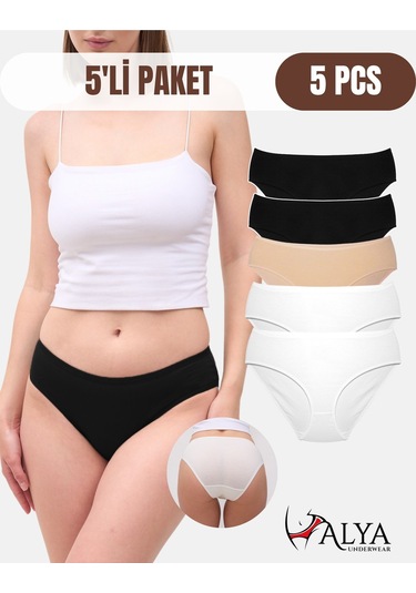 Alya Underwear Kadın Pamuklu Hipster - Slip Külot 5 Farklı Renk 1 Pakette Beyaz-siyah-ten P01
