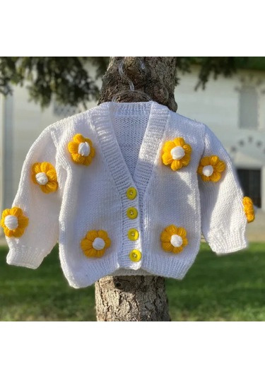 Uretti - Gülnur 2184 - El Örgüsü Sarı Çiçekli Kız Çocuk Hırka 5 Yaş - Beyaz Beyaz