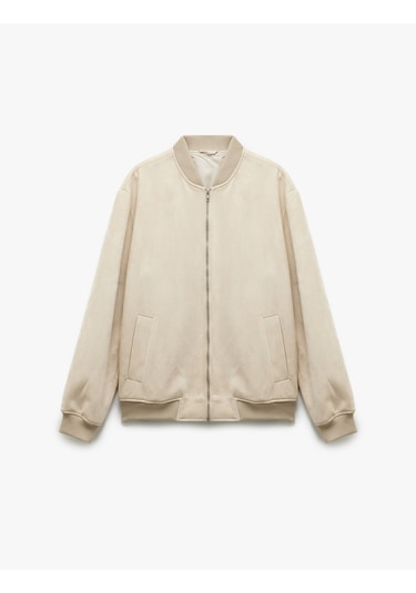 Koton Kolej Yaka Cep Detaylı Uzun Kollu Suni Süet Bomber Ceket Bej 5sam20003hk Ekru