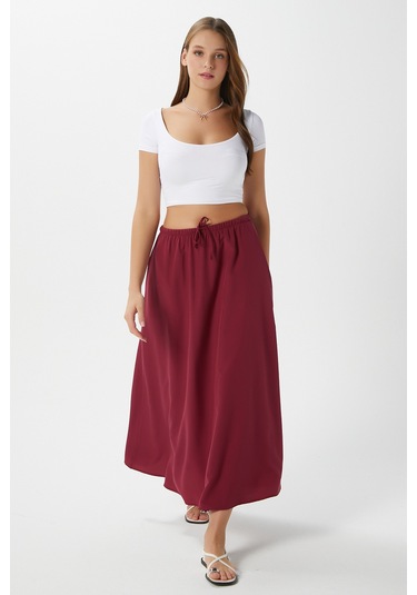 Kadın Seaside Bordo Astarlı Bel Lastikli Cepli Dokuma Uzun Etek Bordo
