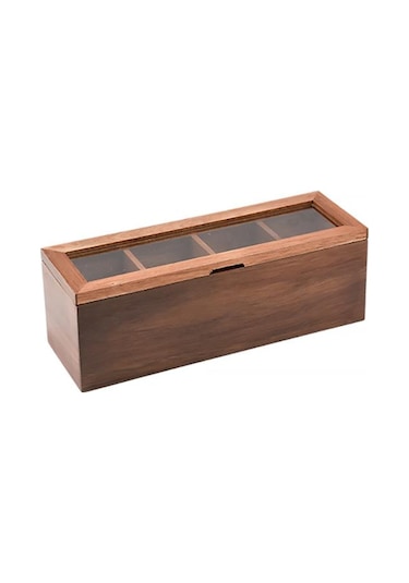 Atby Akasya Ahşap Kapaklı 5 Bölmeli Çay Kutusu 26,5x9x9 Cm Şeffaf Kapaklı Çay Ve Kahve Düzenleyici Kutu Ahşap
