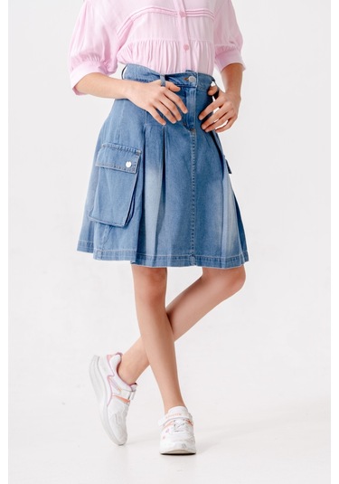 Kız Çocuk Pileli Körük Cepli Kot Etek 2604 Mavi