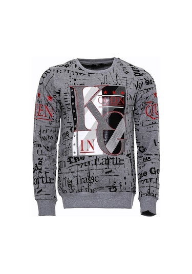 Wessi Gri Taşlı Baskılı Desenli Sweatshirt Gri