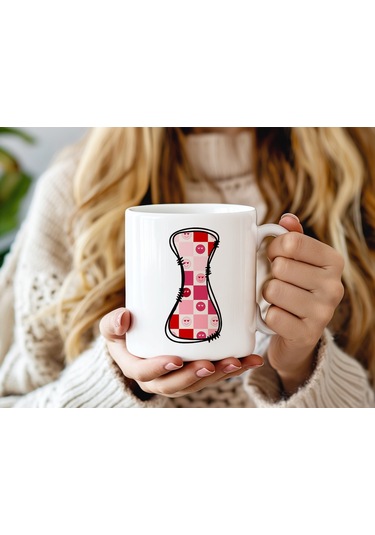 I Harfi Pembe Kareli Kalpli Göz Emojili Kupa Bardak Eğlenceli Kareli Tasarım Kahve Çay Kupası 07 Beyaz