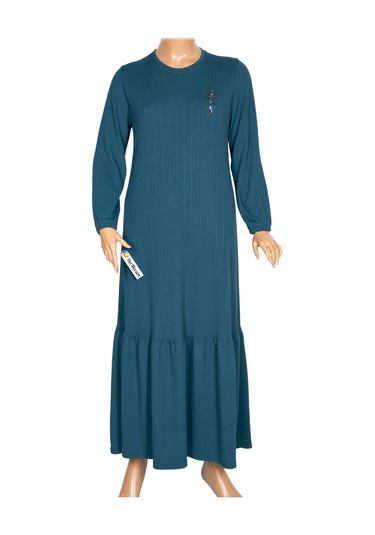 Hesna Kadın Derya Fitilli Doku Eteği Farbalı Broşlu Petrol Elbise Petrol