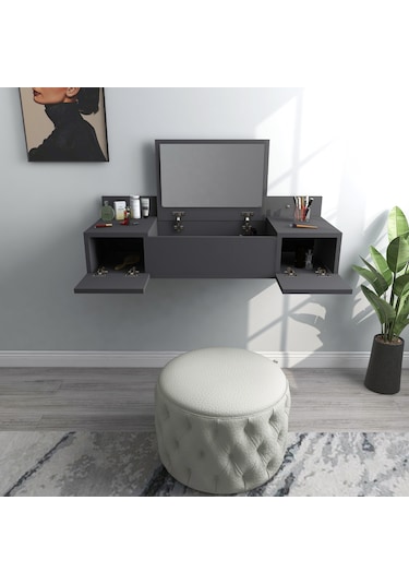 Arnetti Zakkum Aynalı 2 Raflı Dekoratif Makyaj Masası Antrasit