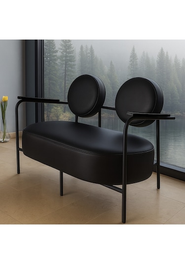 Venüs İkili Koltuk Siyah Modern Tasarım, Deri, Ofis, Kuaför Ve İş Yeri İçin Şık İkili Koltuk Siyah
