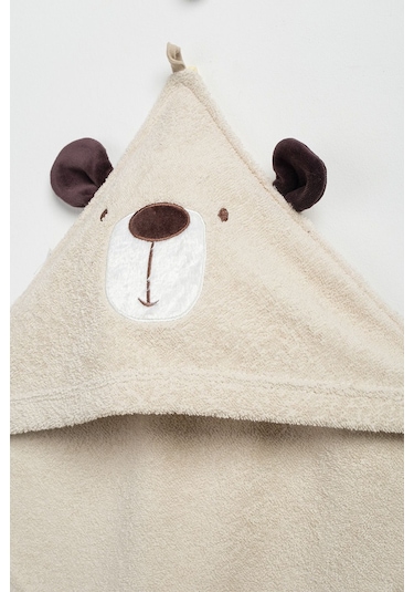 Sevimli Ayıcık Desenli 4 Parça %100 Pamuk Bornoz Seti 0-2 Yaş Kutulu Bej