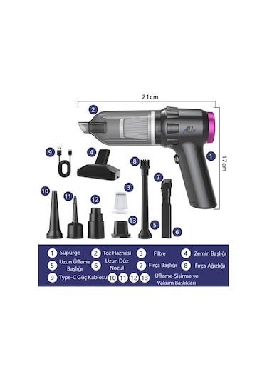 Turbo Emiş 14000 Pa Güçlü Vakum Araç Süpürgesi Portatif Ev Araba Kullanımı İçin Süpürge