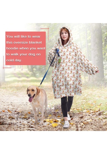 Noel Temalı Unisex Giyilebilir Battaniye Hoodie, Kalın Peluş, Kollar Ve Büyük Cep-a155 Bej