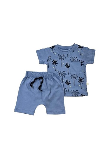 Palmiye Desenli Erkek Bebek Şortlu Takım mavi