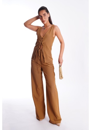 Madmext Camel Önü Bağlamalı Yelek Pantolon Kadın Takım Mg2403