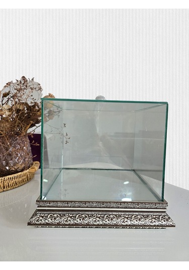 Cam İşlemeli Gümüş Söz Nişan Bohça Kutusu 25 25 Cm