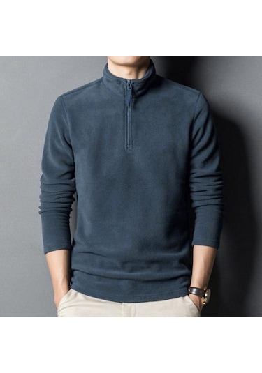 Erkekler Sonbahar Kış Kazak Fermuar Stand Yaka Uzun Kollu Kalın Polar Polar Düz Renk Uzun Kollu Boyun Koruma Orta Uzunlukta Yumuşak Rahat Mavi