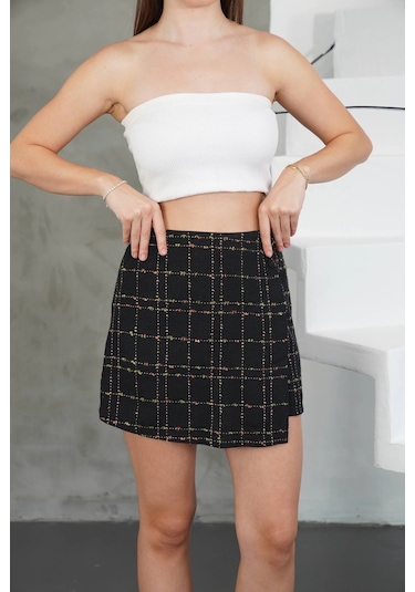 Defymoda İki Düğmeli Şort Etek Siyah H26414 Siyah