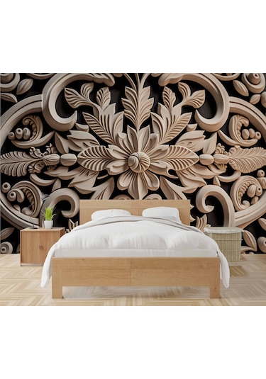 3 Boyutlu Çiçek Figürlü Ağaç Oyma Desenli Duvar Kağıdı