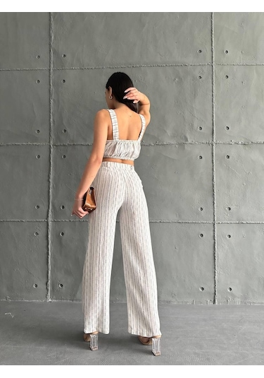 Eke Tekstil Lacivert Çizgili Crop Pantolon Keten Takım-lacivert Lacivert