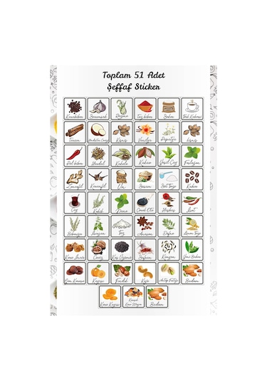 MSticker Baharatlık-kuruyemiş Şeffaf Baskılı Mutfak Kavanoz Etiket Sticker