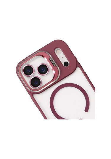 İphone Uyumlu 17 Pro Kılıf Remim Magsafe Lensli Kamera Standlı Kapak Bordo