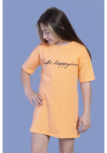 Toontoy Kız Çocuk Düşük Kol Detaylı Baskılı Elbise Turuncu