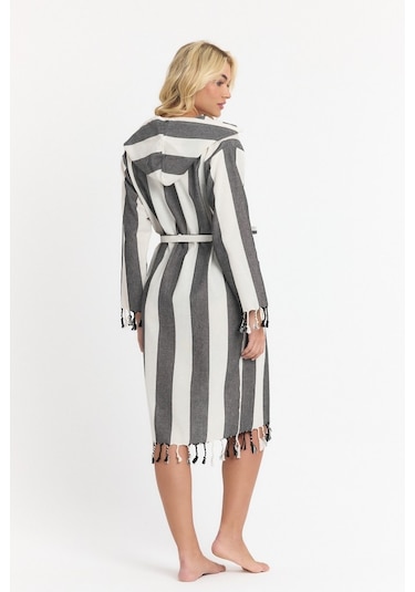 Mulberry Striped Peştemal Bornoz Banyo Ve Plaj Elbisesi Siyah