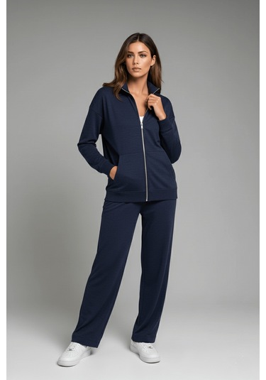 Kadın Büyük Beden Fermuarlı Uzun Kollu Rahat Günlük Eşofman Takım Lacivert