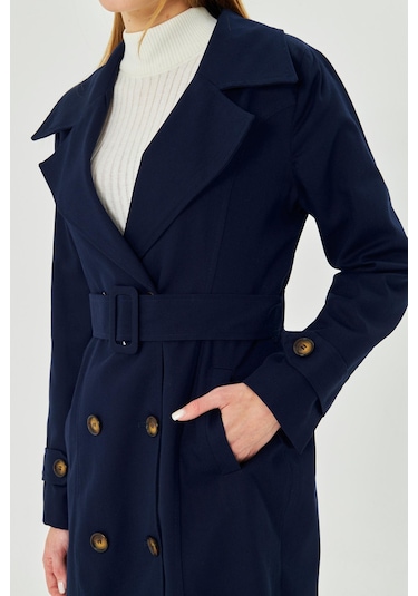 %100 Pamuk Ekstra Uzun 120cm Kruvaze Kadın Trençkot 1121 Lacivert