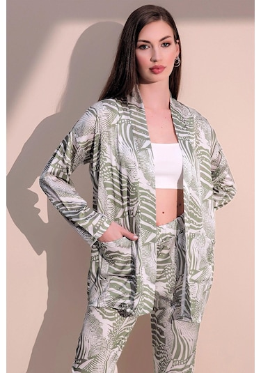 Kadın Haki Safari Desen Yeni Moda Saten Çift Cepli Salaş Kimono Ceket - Tesettüre Uygun Haki