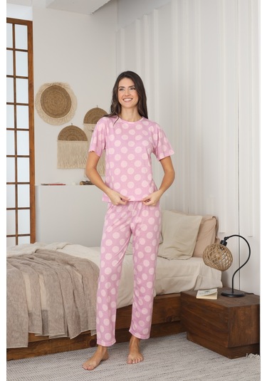 Kadın Yazlık Kısa Kol Penye Süprem Kumaş Pijama Takımı Koyu Pembe
