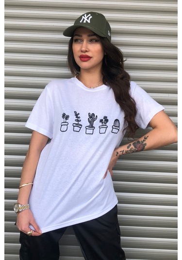 Modagen Kaktüs Baskılı Beyaz Kadın Oversize T-shirt K Beyaz