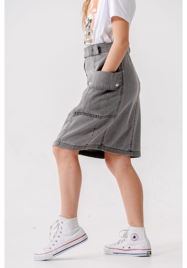 Kız Çocuk Yan Cepli Kot Etek 2954 Gri