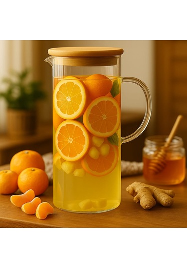 Dekorasyaa Borosilikat Cam Sürahi Bambu Kapaklı 1500ml