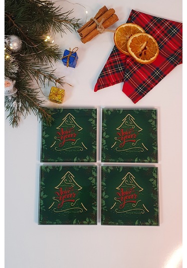 Decorita Cam Bardak Altlığı Happy New Year 4'lü Takım 10 CM x10 CM Yeşil