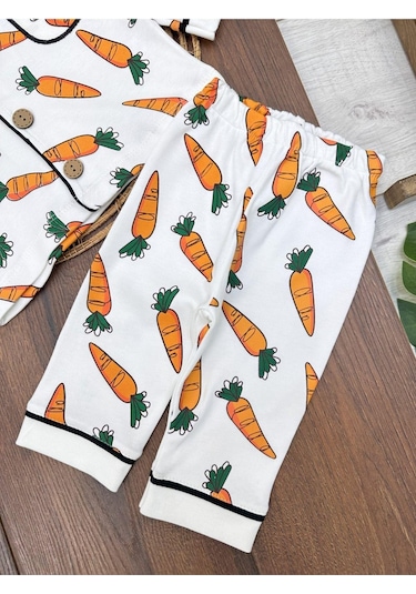 Havuç Desenli Pijama Takımı 4bb2 Beyaz