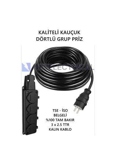 Kauçuk 4'lü 100 Metre Topraklı Grup Priz - 3x2.5 Ttr Tam Bakır Kalın Siyah Kablo 100 Metre