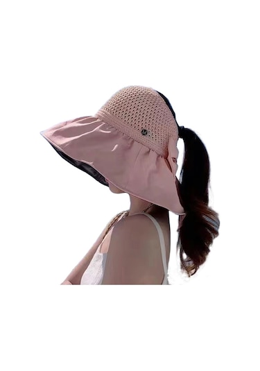 Bayanlar İçin Şık Siyah Tutkallı Boş Üst Güneşlikli Geniş Kenarlı Yüz Koruyucu Şapka Pembe
