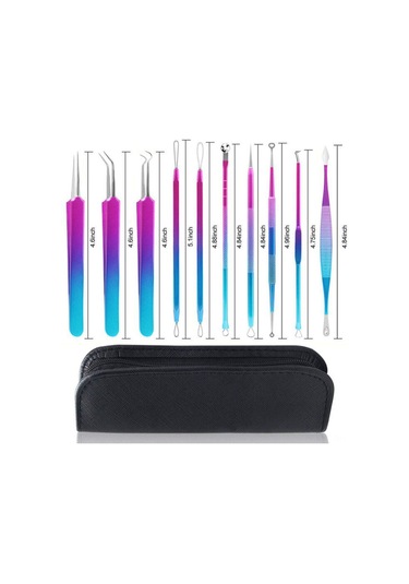 Hangfox 10'lu Paslanmaz Çelik Akne Ve Siyah Nokta Kaldırma Aracı Seti, Mavi-mor Renkli, Siyah Depolama Çantasıyla