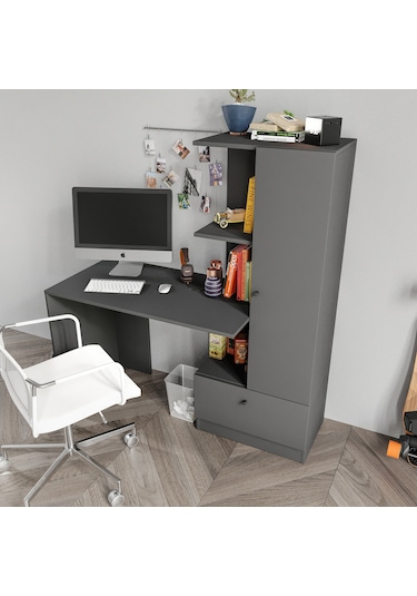 Merlin Mobilya Minör Antrasit Çalışma Masası Ve Kitaplık Antrasit
