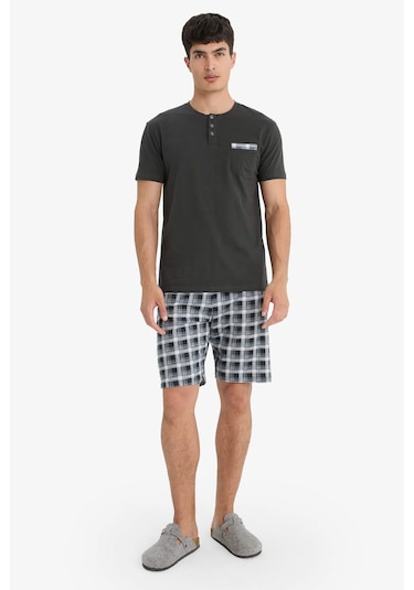 Defacto Pijama Takımı Regular Fit Kısa Kollu Üst Kareli Şort E7146ax25smar221 Antrasit